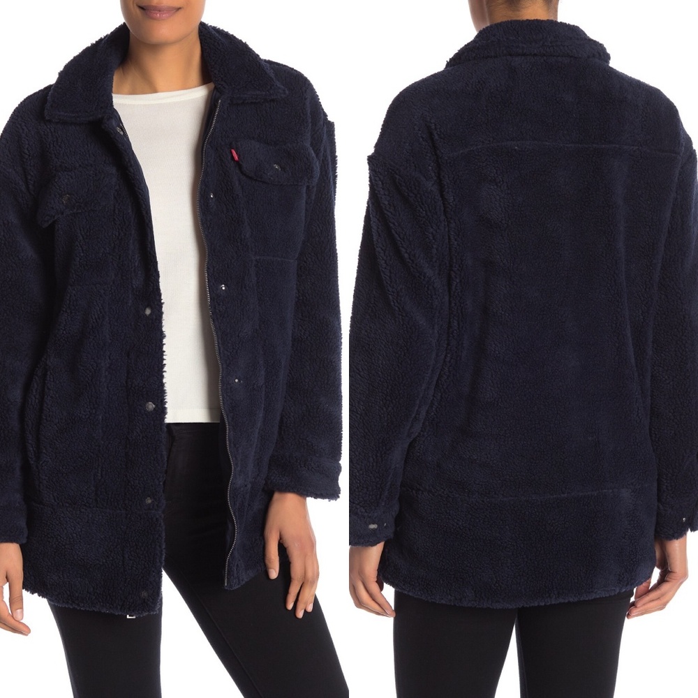 LEVI'S Oversize Trucker Teddy Jacket Coat Navy